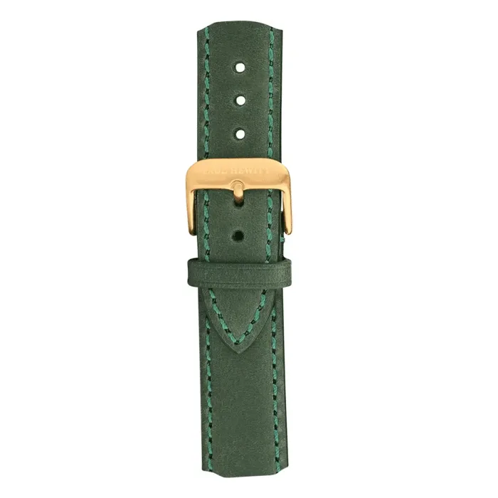 PAUL HEWITT PH-M1-G-B-12S-2 A dark green leather watch strap with teal stitching and a gold buckle, featuring multiple adjustment holes for size customization.